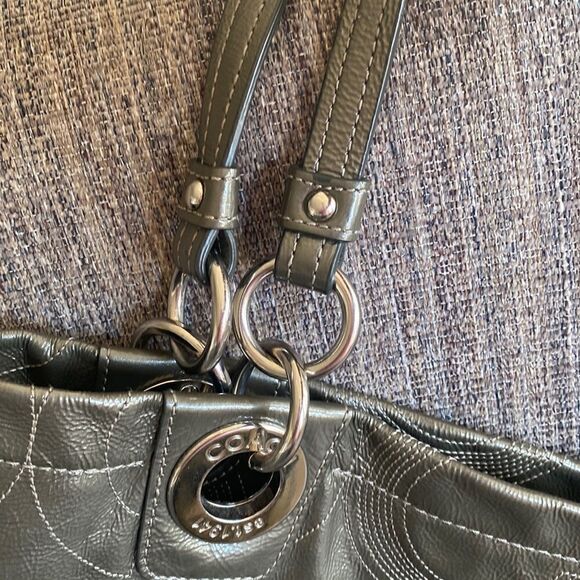 Coach Women’s Patent Leather Gray Stitched Monogram Top Zip Shoulder Handbag - Picture 12 of 16